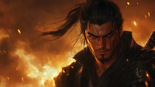 Battle-scarred samurai stands before roaring inferno backdrop.