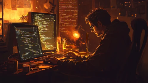 Digital painting of nocturnal coder in warm dual-monitor studio.