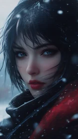 Winter-lit portrait of blue-eyed woman in crimson scarf.