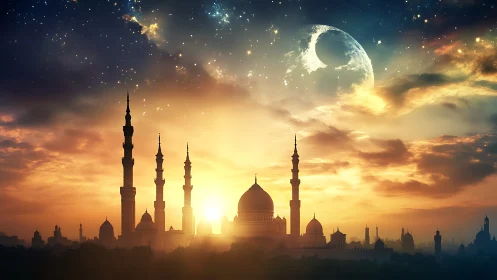 Celestial crescent moon rising above radiant mosque skyline.