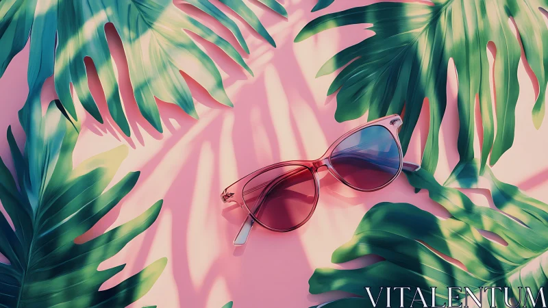 Chromatic sunglasses amid tropical leaf shadow geometry.