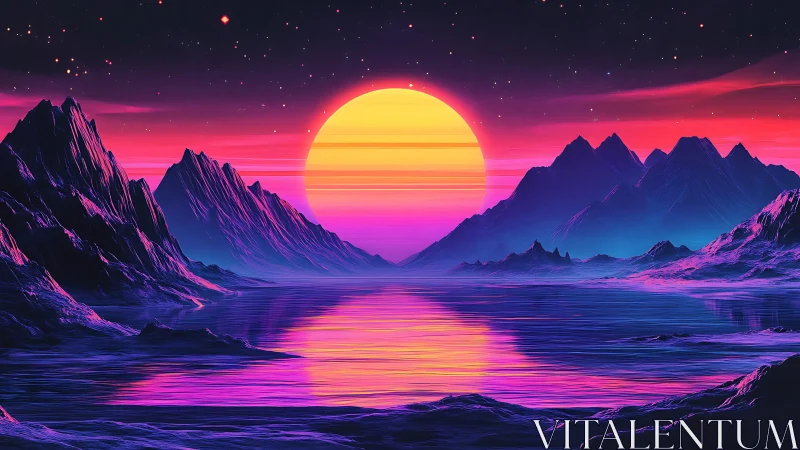 Neon gradient sunset over stylized mountainous shoreline.