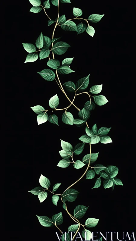 Vertical green vine illustration contrasts against black background