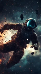 Lone astronaut drifting through glowing cosmic dust clouds.