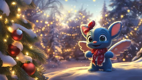 Digital painting of festive winged creature in snowy forest scene.