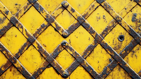 Corroded yellow steel lattice with diagonal riveted gridwork.
