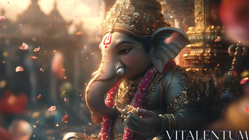 Detailed digital depiction of Lord Ganesha statue in temple.