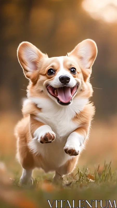 Joyful corgi bounds through soft autumn light in a meadow