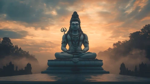 Sunlit stone Shiva sculpture in misty temple courtyard.
