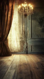 Vintage chandelier illuminates distressed wall and wood floor