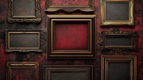 Empty ornate picture frames hang on a textured red wall