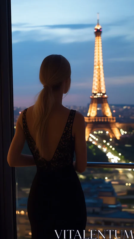 Elegant woman in black dress overlooking illuminated Eiffel Tower