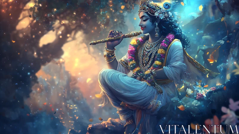 Mystic flute bearer in celestial forest of swirling petals.