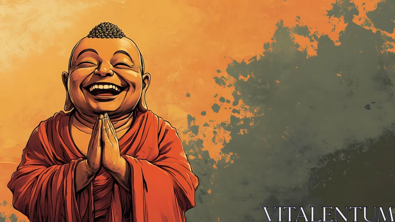 Laughing monk embodies calm joy against warm abstract field.