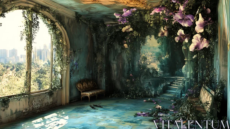 Enchanted garden room opens softly into a dreamy cityscape