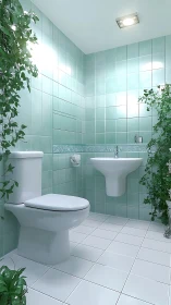 Mint tiled bathroom integrates compact fixtures and greenery