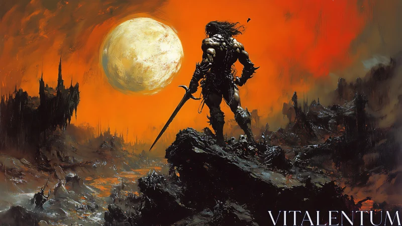 Lone moonlit warrior wandering a blazing ruined frontier.