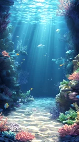 Sunlit coral canyon with radiant reef fish and sand floor.