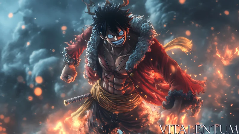 Battle-hardened anime fighter strides through swirling firestorm