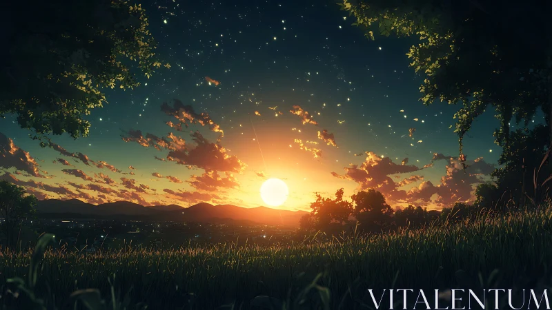 Sunset illuminates grassy hill overlooking distant valley