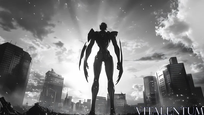 Colossal mecha sentinel rises over a storm-torn cityscape.