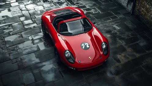 Red roadster with wet stone reflections in overhead view.