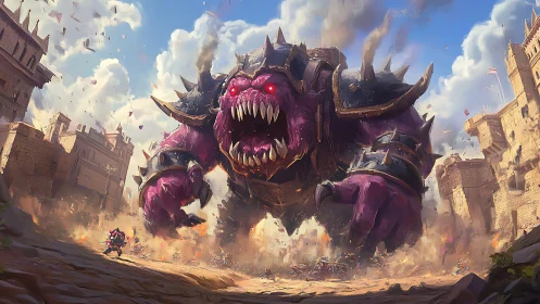 Colossal purple warbeast storms a crumbling fantasy citadel.