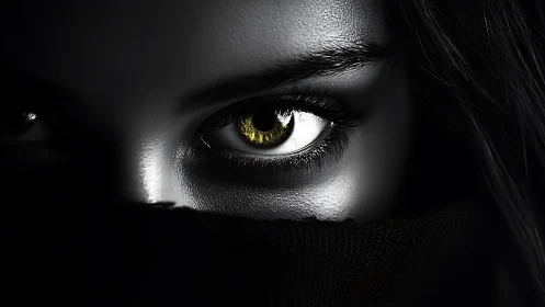 Golden eye pierces deep shadow with high contrast glare.