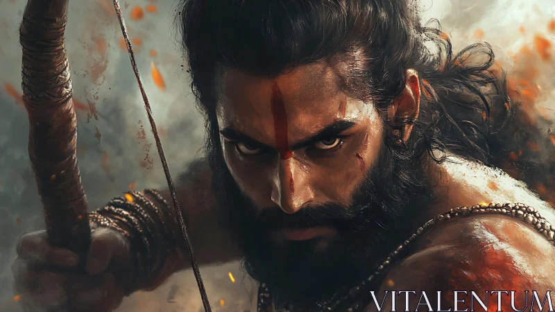 War-marked archer locks thunderous gaze on unseen fate.