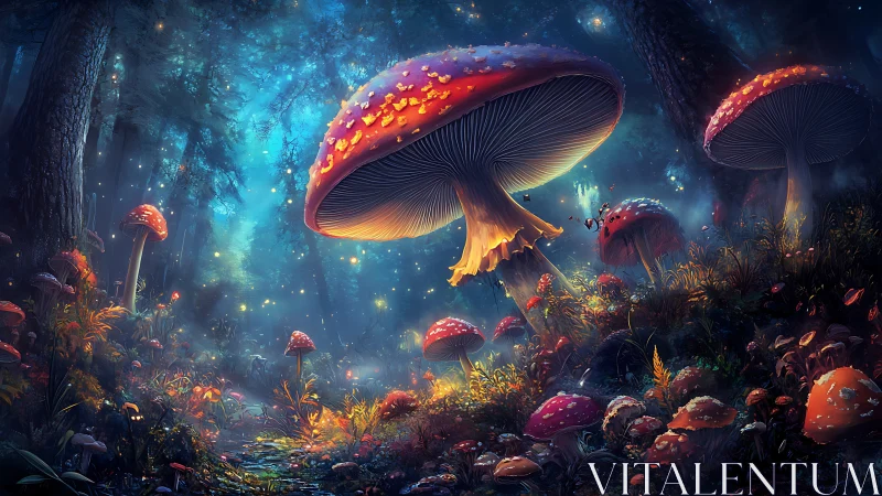 Luminous mushroom giants guard a spellbound twilight forest.
