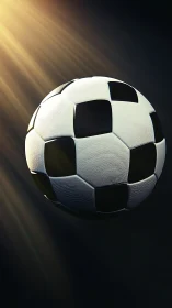 Lone soccer ball suspended under dramatic stadium light.