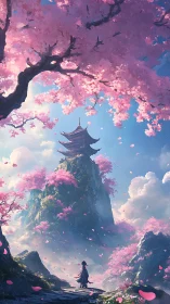 Petal storms crown a distant pagoda in skybright spring