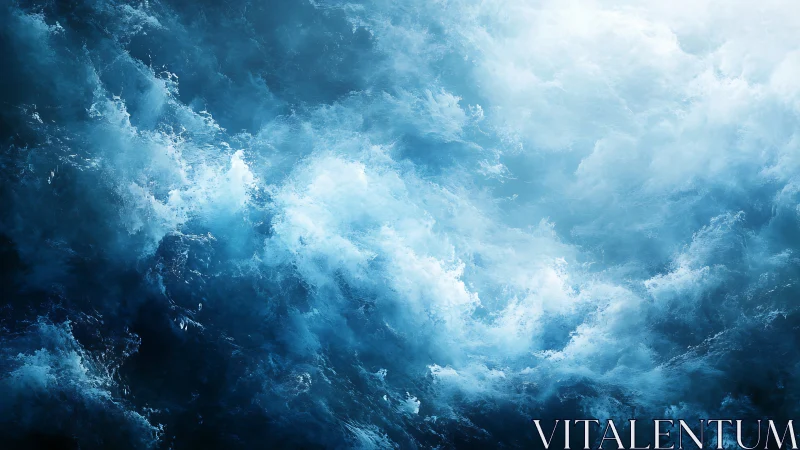 Turbulent ocean surface shows dense foamy blue water motion