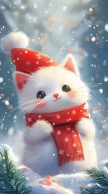 Softly rendered winter kitten wearing red hat and scarf in snow