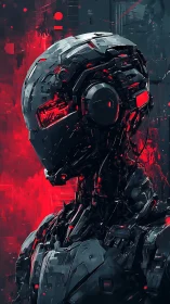 Chrome sentinel listens to the neon storm behind its visor