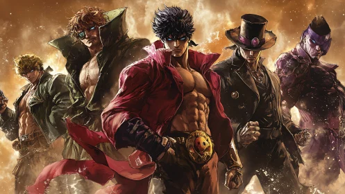 Storm-blooded anime warriors stride from a burning dusk.