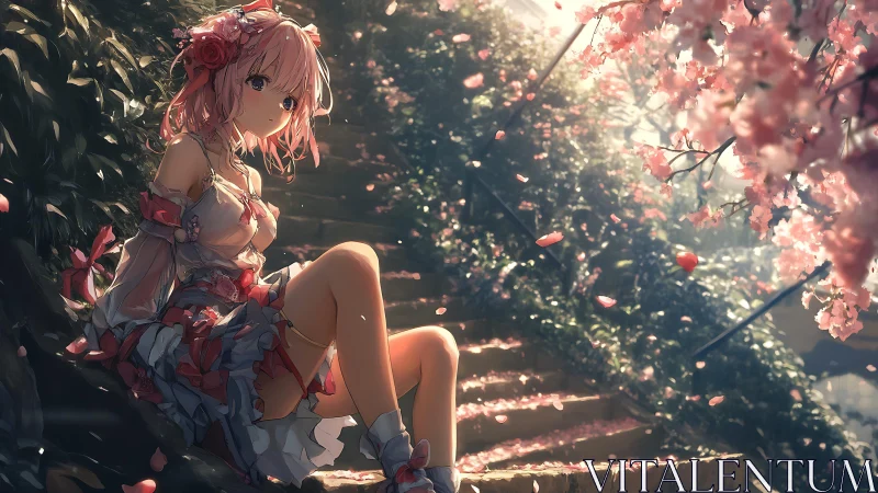 Pink haired anime girl on garden steps under blossoms.
