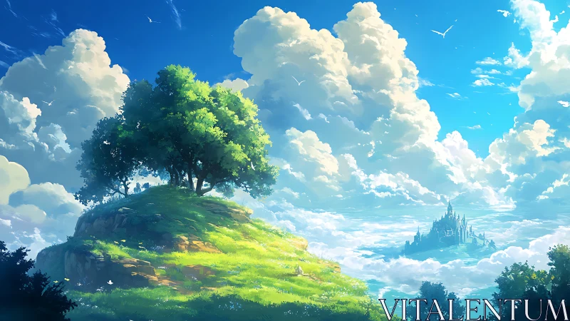 Ethereal landscape with luminous tree on verdant promontory, towering cumulus formations, and castle