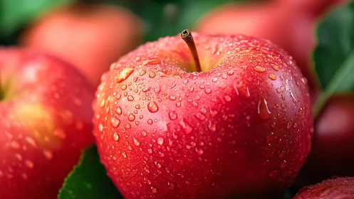 Glowing red apple glistens with fresh morning dew drops