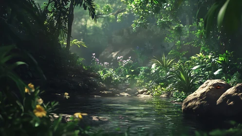Emerald Stream Sanctuary: Where Sunlight Dances Through Jungle Whispers.