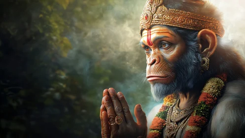 Praying humanoid monkey deity rendered in detailed profile