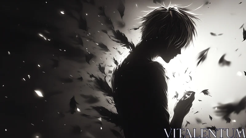 Silhouetted figure dissolves into drifting dark feathers.