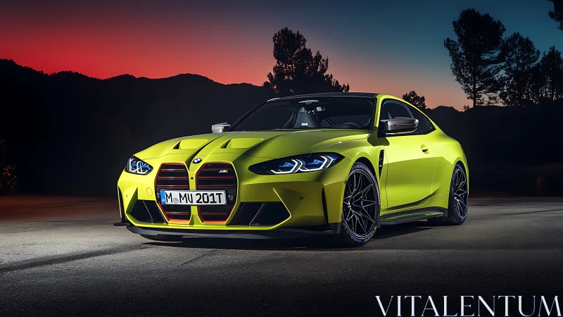 Photorealistic lime coupe under twilight gradient sky, low-angle shot.