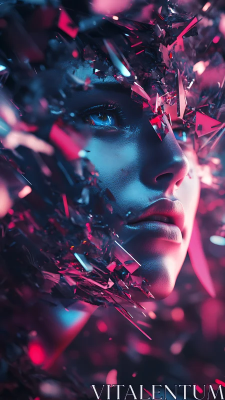 Cybernetic portrait with prismatic shards and neon bokeh glow.