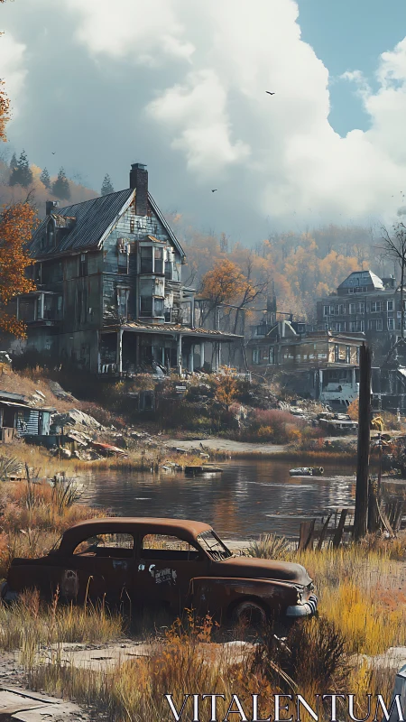 Derelict riverside houses and rusted car in autumn light.