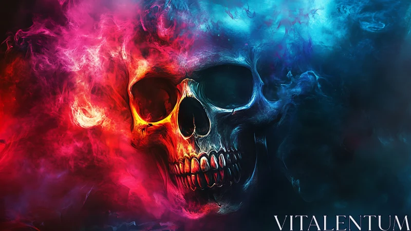 Fiery neon skull emerging through red and blue smoke clouds.