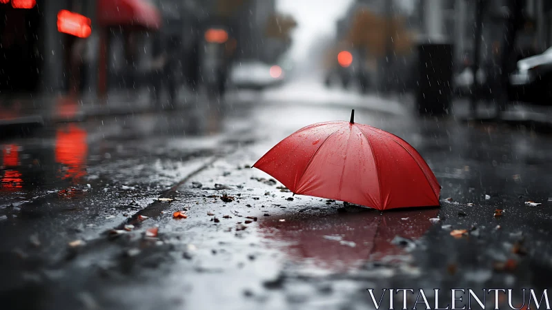 Urban rain study with red umbrella focal isolation in bokeh street.