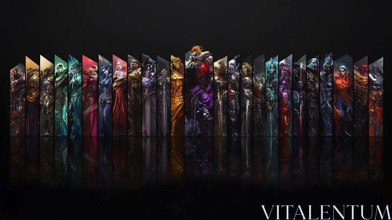 Lineup of armored fantasy characters in segmented panels.