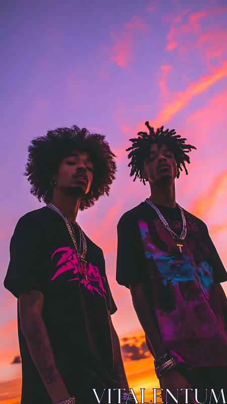 Low-angle portrait of two streetwear models at neon sunset sky