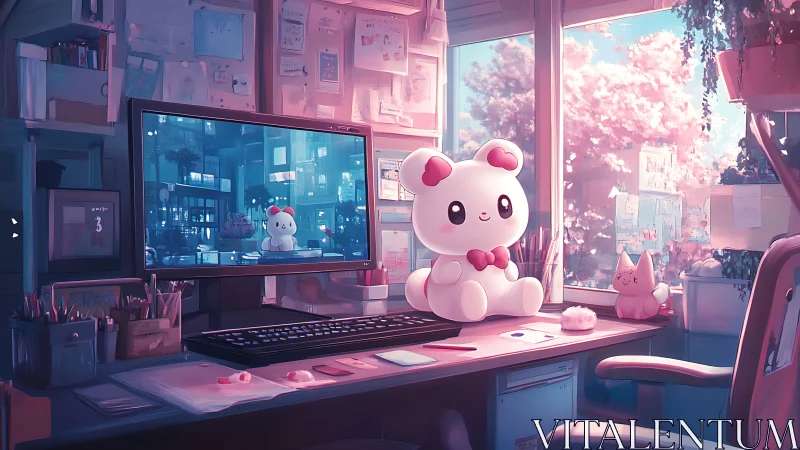 Cute pastel computer workspace with plush bear mascot